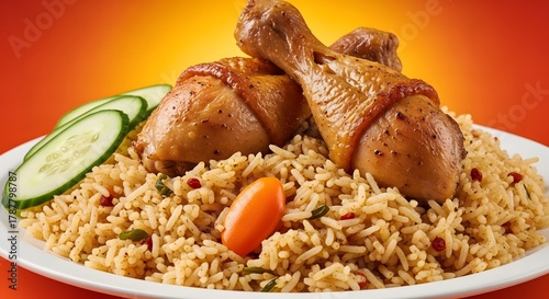 Delicious chicken biryani with rice, cucumber and carrot on a white plate