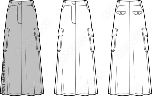 Cargo skirt front, side, back sketch, fashion illustration, garment template, apparel mockup, clothing vector, technical drawing, structured design, casual wear