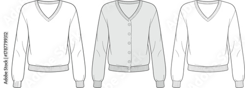 Women sweater and cardigan design, knitwear fashion flat template, V-neck pullover illustration, winter clothing vector mockup, CAD drawing flat vector illustration