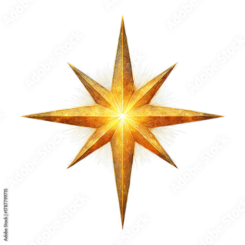 Bethlehem star with golden glow. Isolated white background. Png format