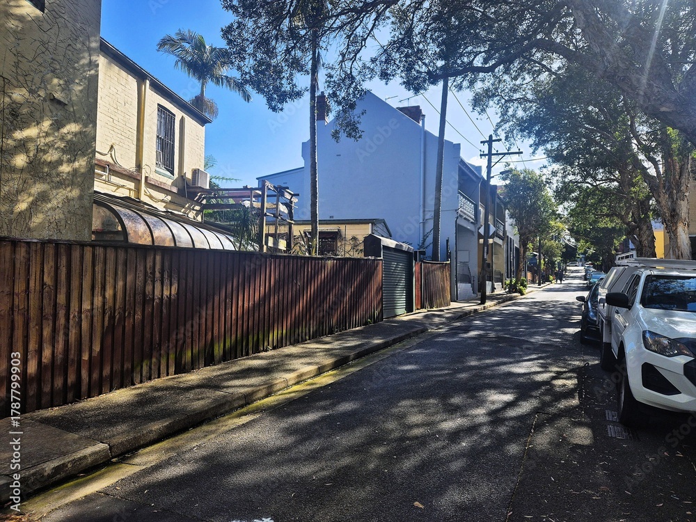 Obraz premium Landscape view of an urban back street showing an arched tin awning behind a fence drenched in shadows from adjacent trees.