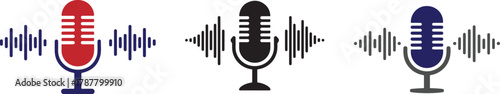 Set of microphones with sound waves for studio podcasting or broadcasting