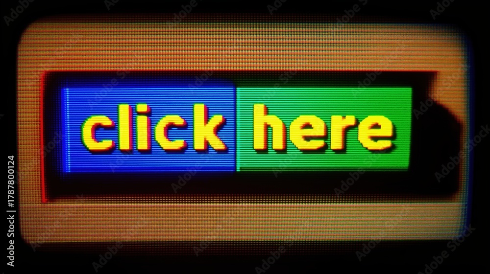 Obraz premium Retro Pixelated Click Here Button On Screen