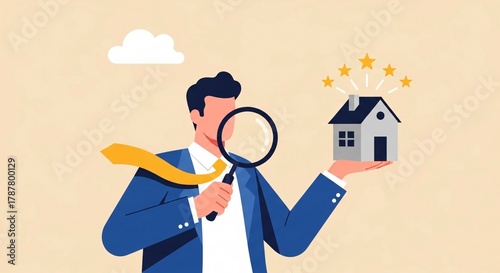Dream Home Inspection Expert Flat Illustration A Person Examines a House Through a Magnifying Glass Real Estate Evaluation Finding Perfect Property Investment Opportunity