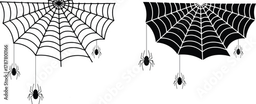 Spooky spiderwebs with spiders hanging down halloween vector art graphic