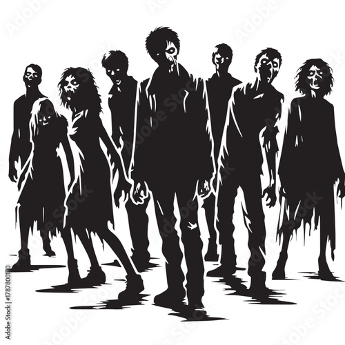 Black Group of zombies Silhouette Vector, High Quality Illustration on White Background