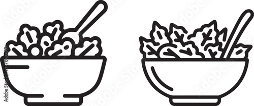 Two bowls of fresh salads with spoons simple line drawing