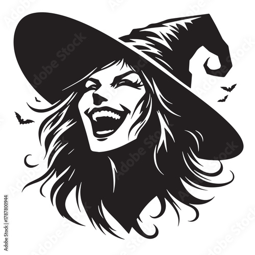 Black Laughing witch face Silhouette Vector, High Quality Illustration on White Background