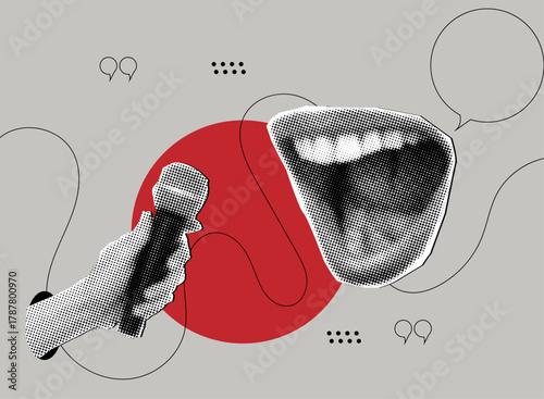 Halftone hand with microphone and open mouth with speech bubble message,trendy collage cut out elements,online broadcasting concept