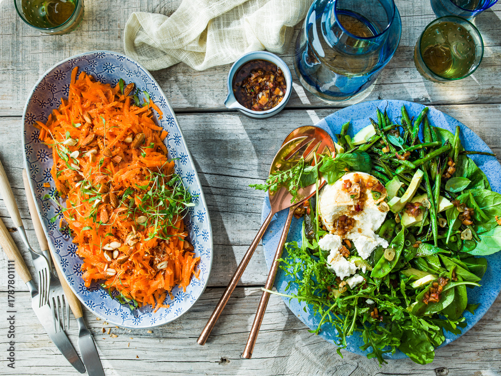 Carrot salad with honey mustard dressing and Asparagus salad with goats cheese
