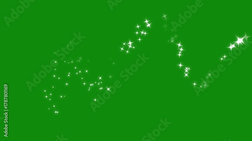 Magic glitter sparkle trail with white twinkling particles, glowing doodle stars, starlight dust line, fairy sparkle burst, glitter confetti trail on green screen background, twinkle transition. 4k