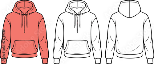 Hoodie front and back illustration, fashion sketch, garment template, sweatshirt design, apparel mockup, clothing vector, hoodie outline, technical drawing