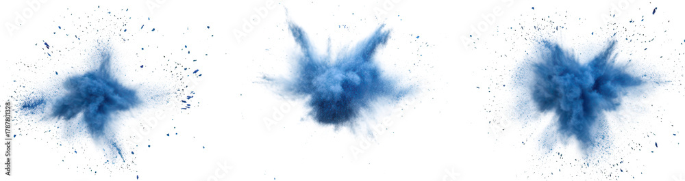 Naklejka premium A dynamic display of blue powder explosions captured in a sequence. illustrating motion and energy against a white background. ideal for creative projects or visual effects