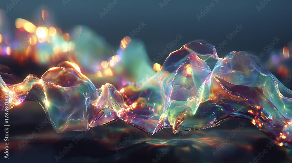 Naklejka premium Iridescent waves of transparent fabric with rainbow glow create an abstract composition of light and color. 