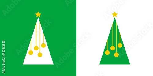 Logo con árbol de navidad con forma de triángulo sencillo y estrella y círculos como bolas de navidad con hilos colgantes 