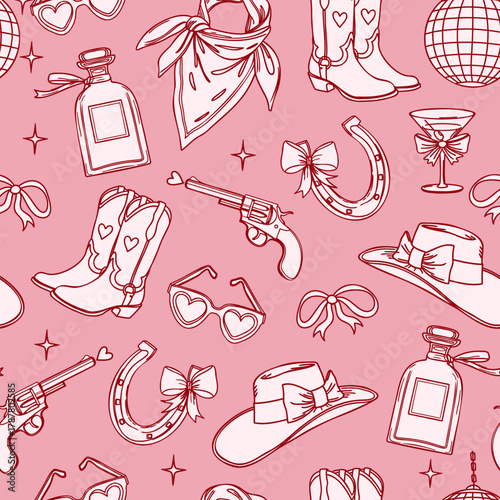 Seamless pattern with pink cowgirl party essentials background.
