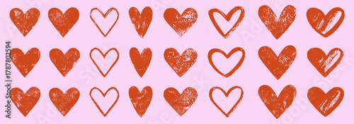Hand printed linocut brush drawn hearts set. Textured grunge relief printing outline silhouettes shapes, rough aged texture. Lino ink grungy Valentine's day backgrounds, text frames, card templates.