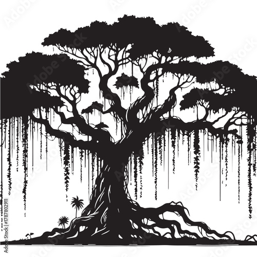 Black Old tree with hanging vines Silhouette Vector, High Quality Illustration on White Background