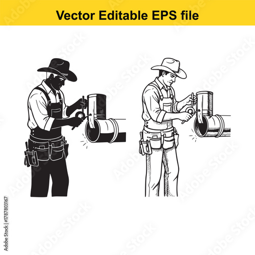 Two construction workers wearing cowboy hats and tool belts, working on pipes with tools, in a detailed illustration