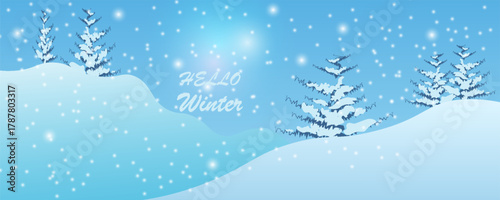 Winter snowy landscape empty background, branches and bushes covered with snow. Christmas or New Years nature wallpaper, snowdrift scenery. Illustrated winter scene, hand drawn vector graphics.