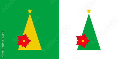 Logo con árbol de navidad con forma de triángulo sencillo con estrella y flor de pascua para tarjetas y felicitaciones de Navidad