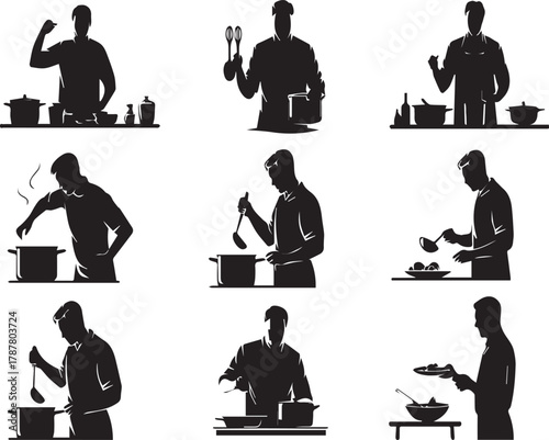 Nine Silhouette Chefs Cooking Food Stirring Pots And Serving Dishes kitchen