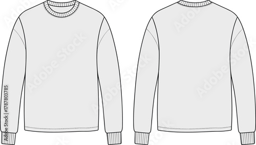 Front and back view crewneck sweatshirt flat fashion sketch, unisex long sleeve pullover design template, minimalist apparel outline, cad drawing vector illustration