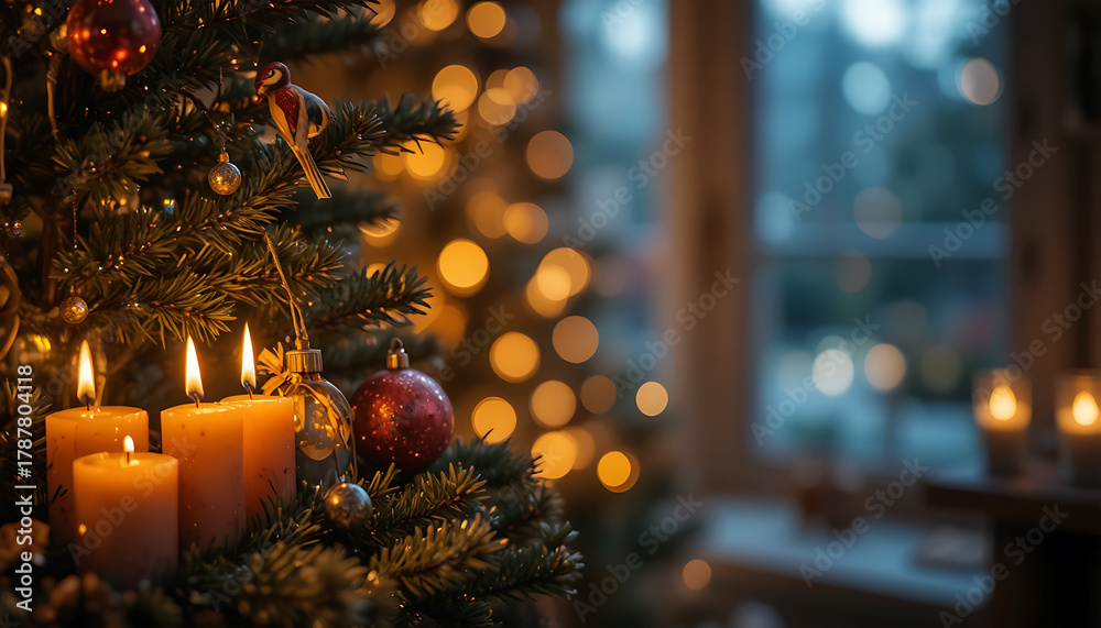 Obraz premium Decorated Christmas Tree with Candles and Ornaments in Warm Indoor Setting