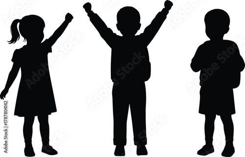 Happy children silhouettes, kids raising hands, joyful childhood concept, boys and girls vector illustration, isolated black figures for education and family design