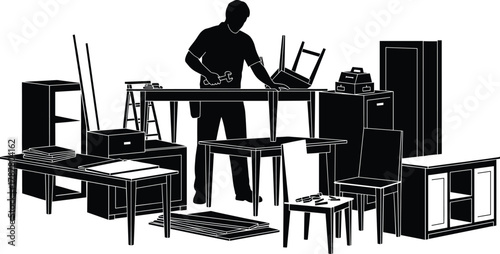 Man assembling multiple wooden furniture pieces with tools, home carpentry vector illustration, DIY furniture making and repair concept, interior construction work scene