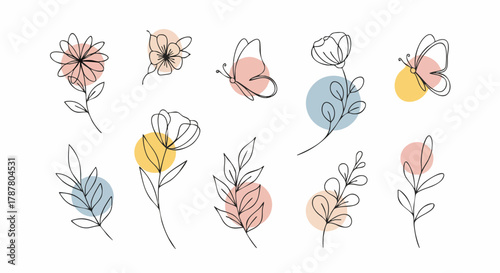 A minimalist collection of delicate line art flowers and butterflies on pastel colored circles, evoking a gentle spring and summer mood