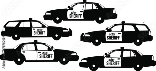 Retro sheriff police car silhouette vector illustration, vintage patrol vehicle collection, law enforcement transportation design for crime, security, and emergency service themes