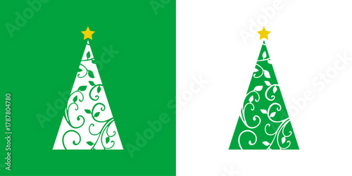 Logo con árbol de navidad con forma de triángulo sencillo con estrella y hojas con líneas y volutas para tarjetas y felicitaciones de Navidad