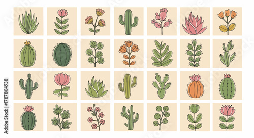 A vibrant hand-drawn vector collection of succulents and cacti