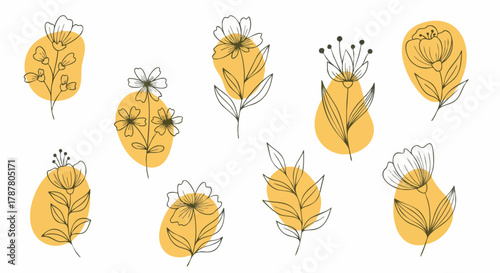 Bohemian abstract pattern featuring delicate black line art wildflowers and botanical elements set against organic mustard yellow shapes