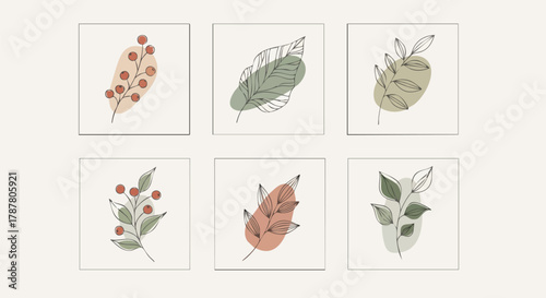 Botanical line art set with leaves and berries in a minimalist style