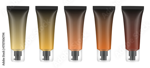 Set of cosmetic tubes with pump and transparent cap. Yellow, gold, beige, bronze and brown bottles.. Gel, serum or foundation. Korean packaging. Gradient shades