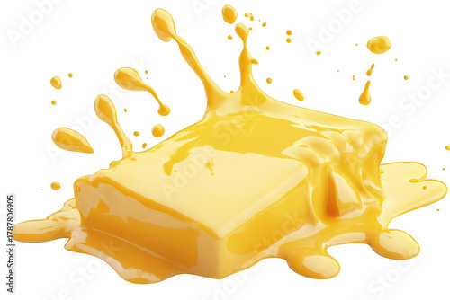 A block of melting yellow butter splashes onto a pristine white surface. capturing the essence of culinary indulgence. perfect for food-related content or cooking blogs