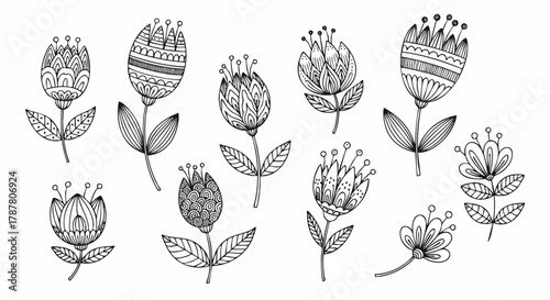 Collection of hand-drawn stylized black outline flowers