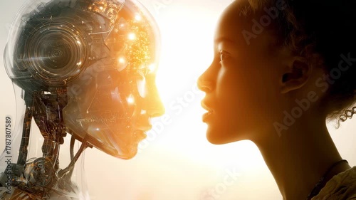 A woman and a robot face each other in a bright scene, showcasing a blend of technology and humanity at sunset