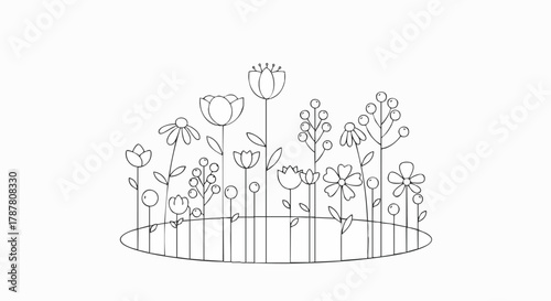 Delicate line drawing of wildflower meadow. Features various flower types and berry sprigs in a minimalist, elegant style