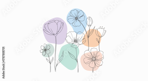 Elegant floral line art illustration. Decorative flowers with colorful abstract shapes on white background