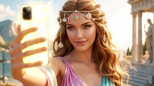 Greek goddess aphrodite is taking a modern selfie with a smartphone, blending ancient mythology with contemporary technology against a serene mediterranean coastal landscape with classical ruins