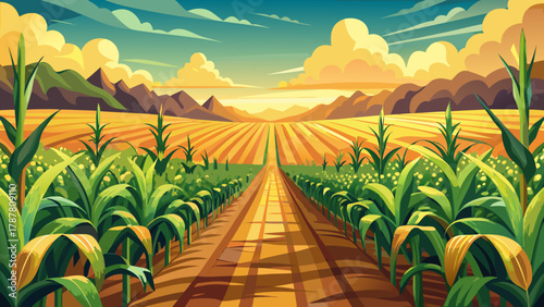 Very beautiful view of a cornfield in rural Mississippi, USA, featuring rows of tall corn plants, surrounding countryside, and a realistic serene agricultural landscape under natural daylight.