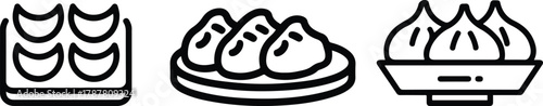 Asian Dumpling Icon Set. Chinese Dim Sum, Gyoza, Potsticker, and Steamed Bao Bun Food Line Art Symbols