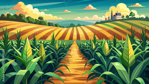 Very beautiful view of a cornfield in rural Mississippi, USA, featuring rows of tall corn plants, surrounding countryside, and a realistic serene agricultural landscape under natural daylight.