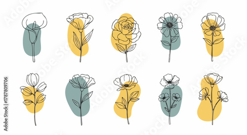 Floral line art illustration on a white background. This design features different flower types with yellow and teal watercolor-style brushstrokes