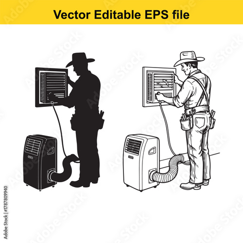 A cowboy handyman installs a portable air conditioner unit into a window frame, depicted in silhouette and line drawing