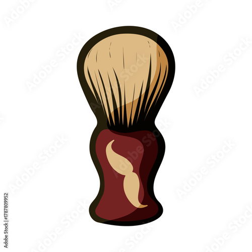 A red and brown brush with a mustache on it. It is a mustache brush that is designed to help men groom their facial hair