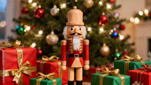 Wooden nutcracker in front of Christmas tree with colorful wrapped gifts